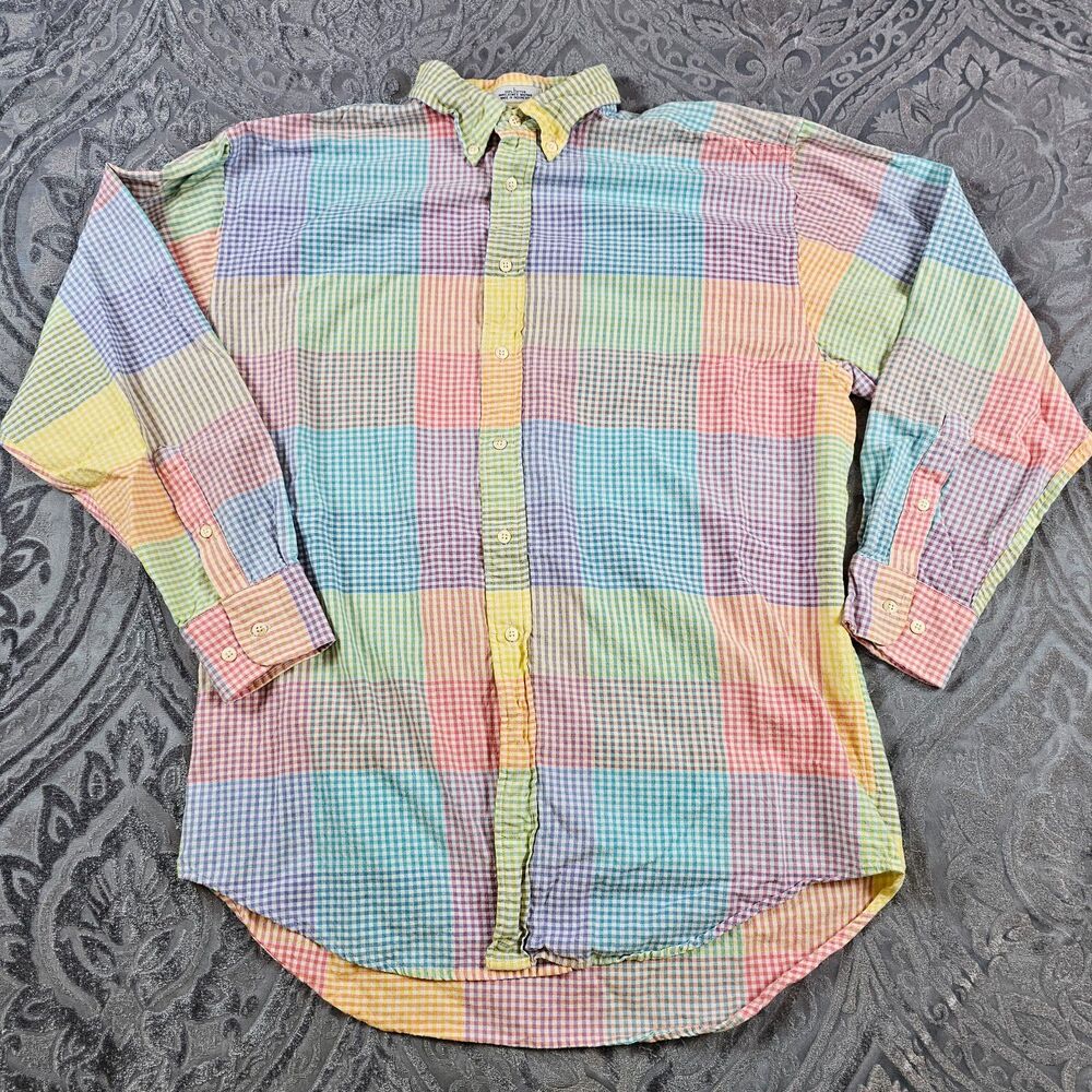 Vintage London Fog Shirt Mens Large Gingham Check Plaid Colorful Preppy Casual